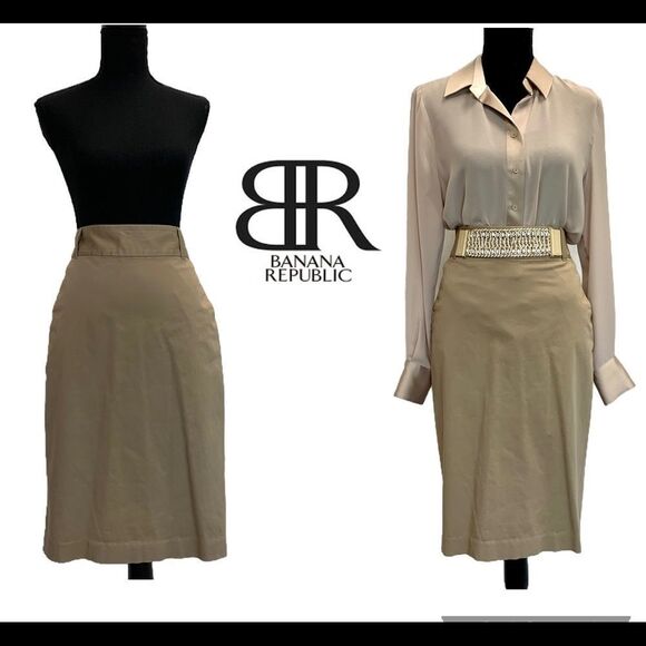 BANANA republic camel brown stretchy belted pencil skirt Sz 6 - Picture 9 of 9